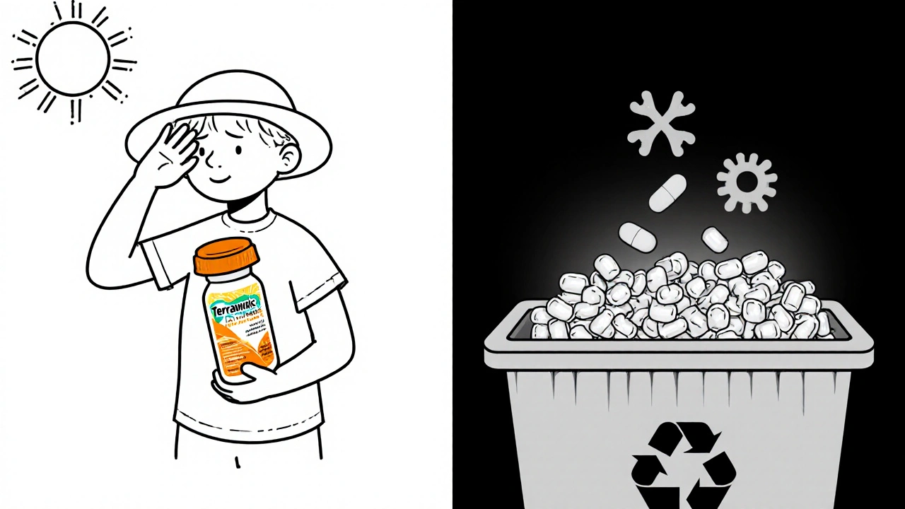 A child avoiding sun while discarding old antibiotics, symbolizing responsible use.