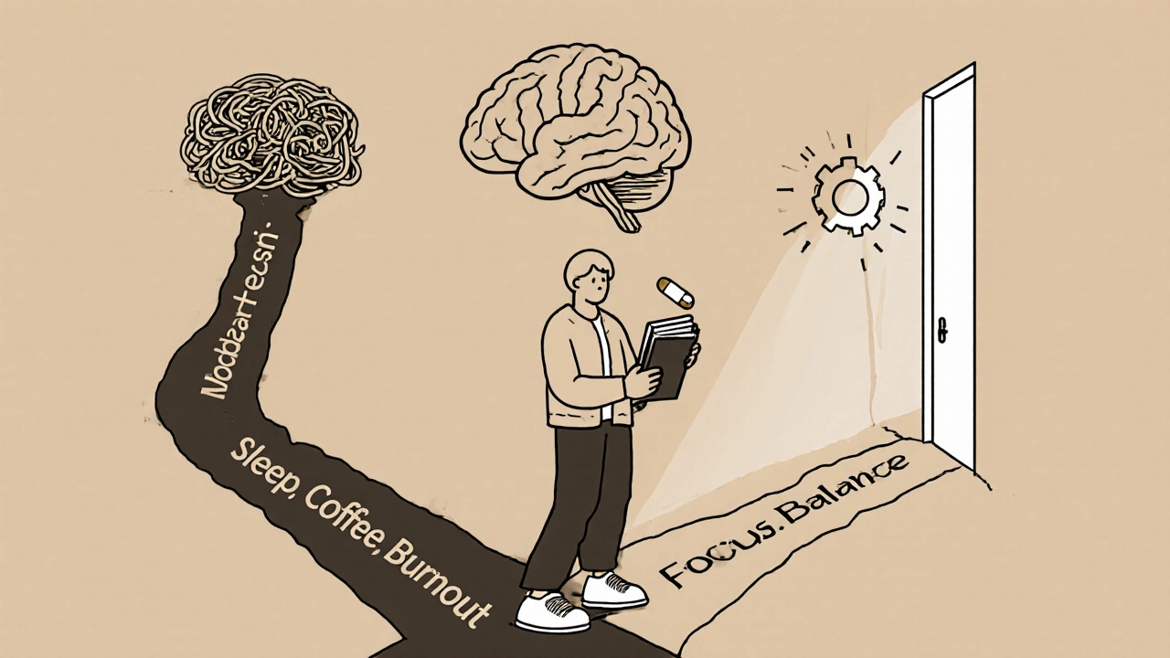 Person at crossroads choosing between burnout and focus, holding a pill and journal.