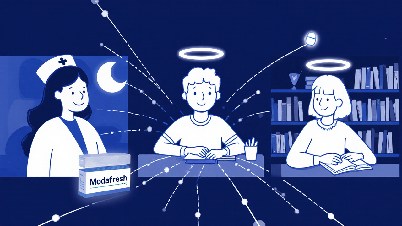Three professionals in different settings connected by glowing lines, each with a Modafresh pill.