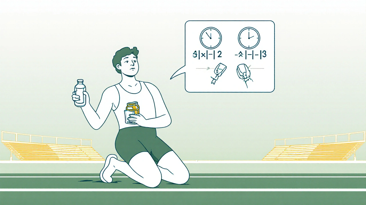 Athlete pausing on a track, drinking water and holding honey, with breathing diagram.