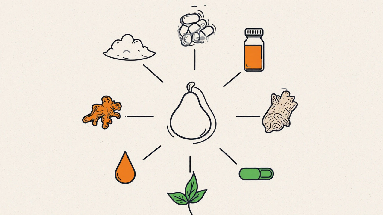 Circular monoline icons of eight herbal supplements arranged around a central amla fruit.