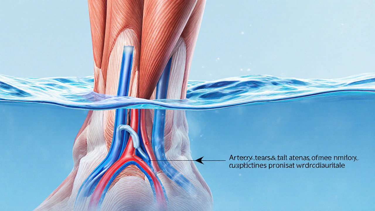 Cross‑section of a leg in water illustrating muscle activation and dilated arteries.
