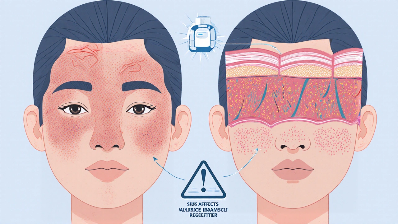 Cross‑section of skin showing reduced inflammation after hydrocortisone, with side‑effect icons.