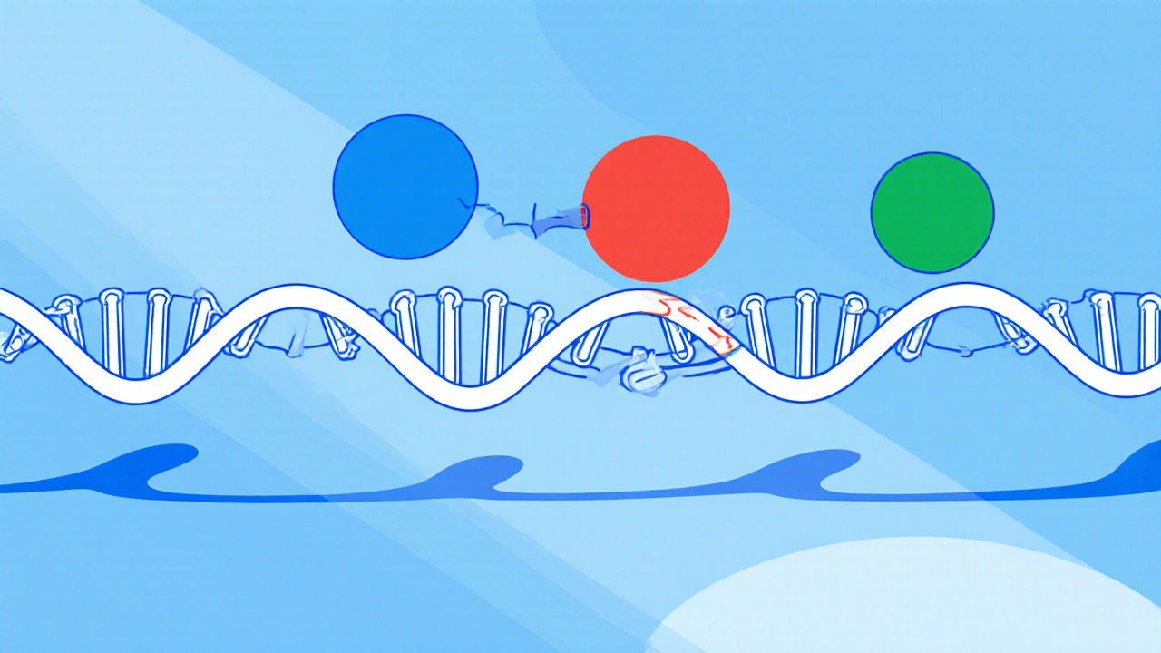 DNA helix with Zidovudine halting chain extension while other drugs continue.