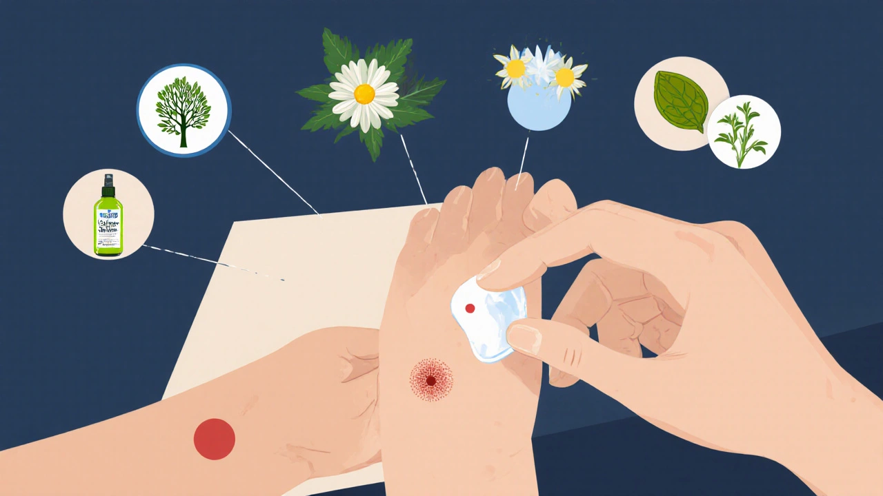Flat illustration of hand applying Podowart to a wart with patch test and alternative remedy icons.