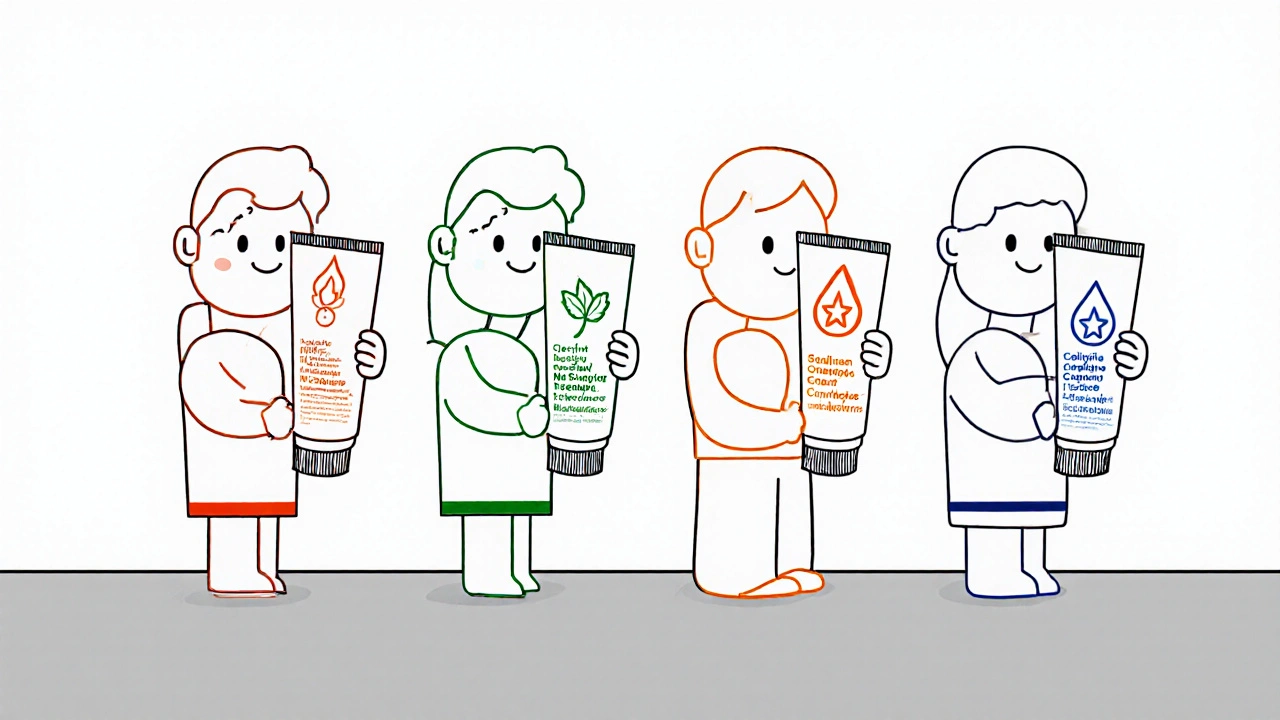 Four characters each holding different cream tubes representing various treatments.