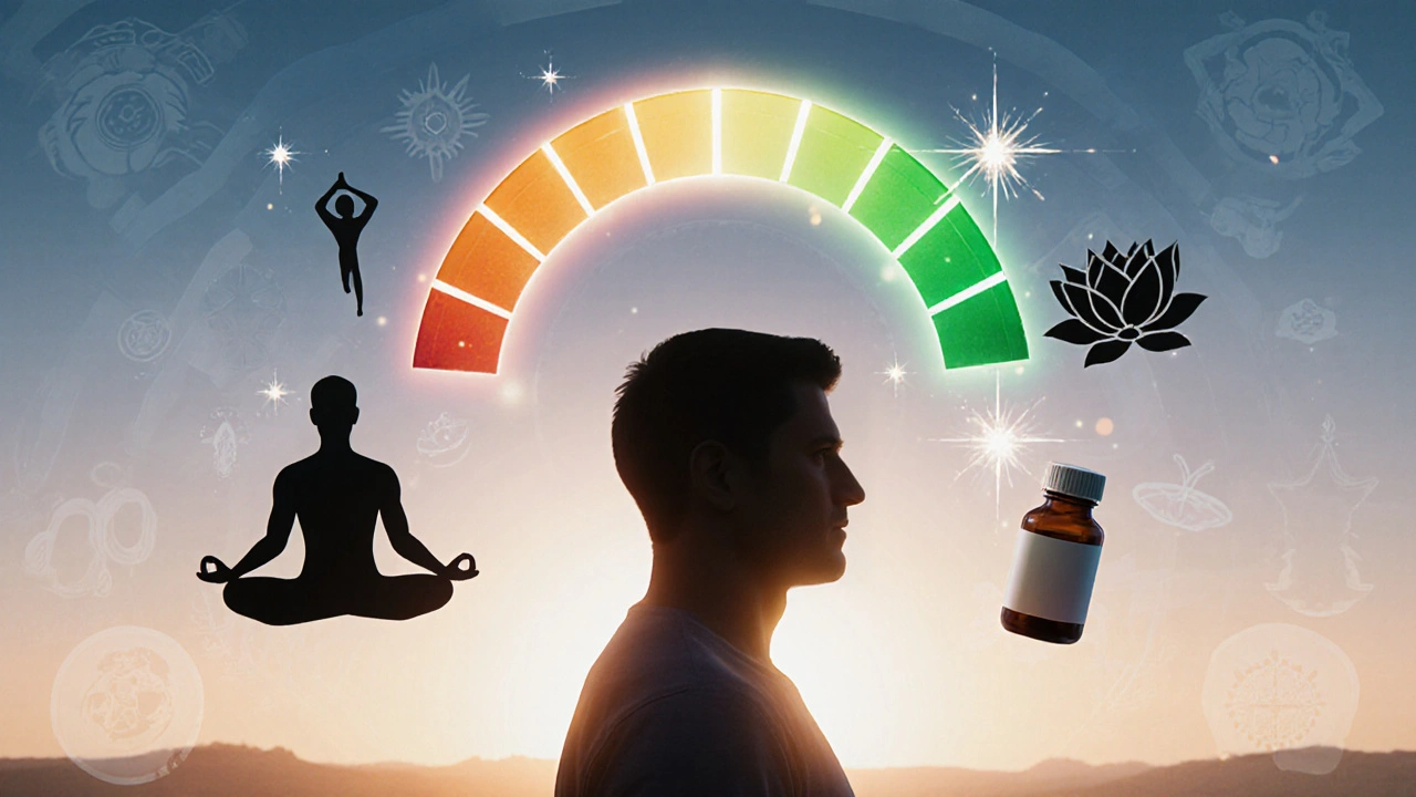 Game‑style health meter rising, icons of yoga, meditation, and pills floating.