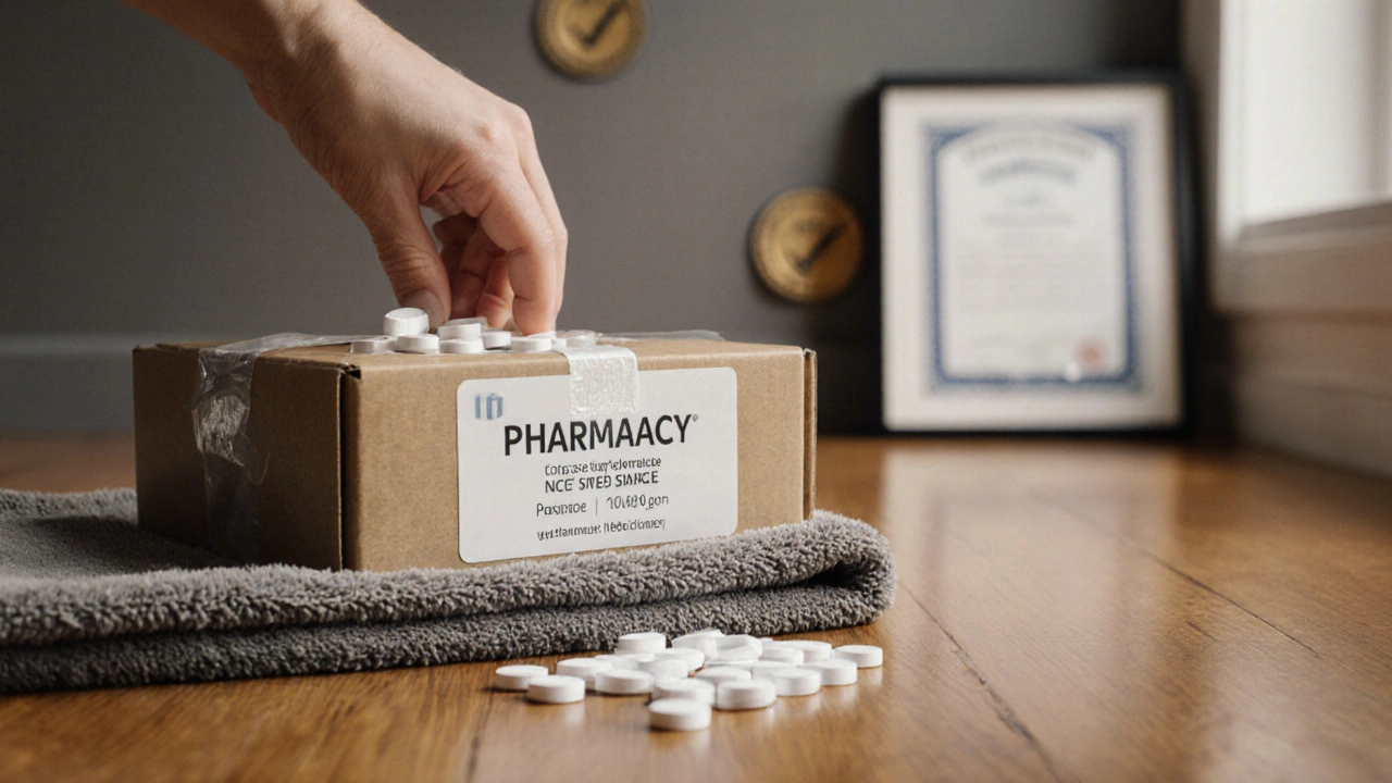 Hand opening a pharmacy box, revealing generic Depakote tablets on a towel.