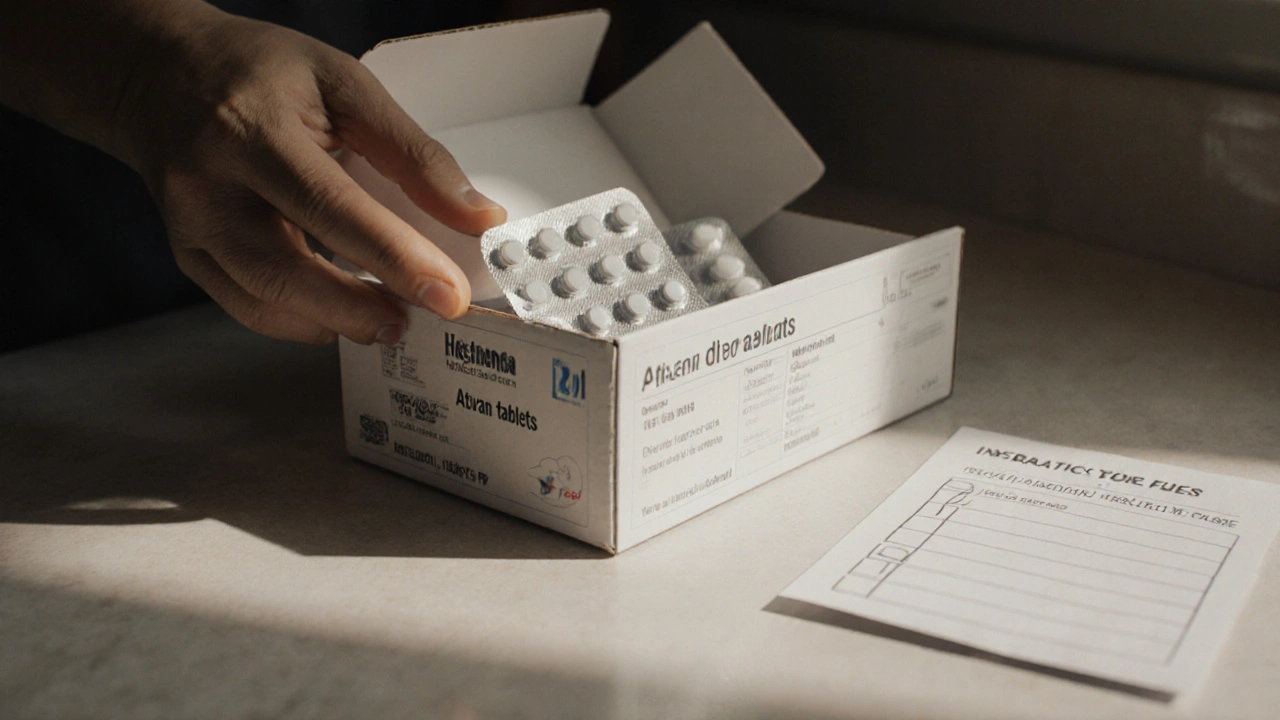Hand opening a sealed box revealing tablet blister pack and expiry date.
