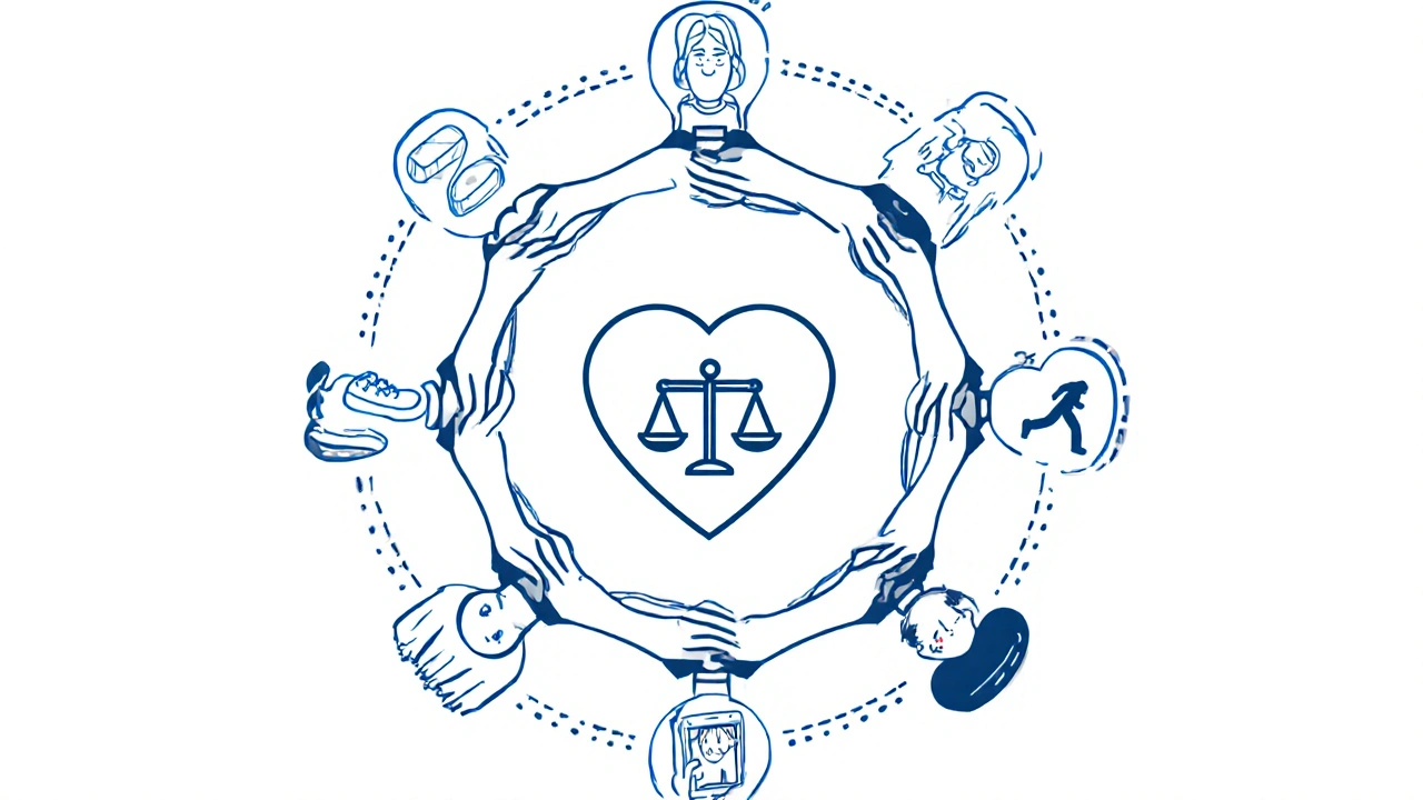 Healthcare team and patient circle around heart-scale icon with metformin, walking shoe, and app, in monoline style.