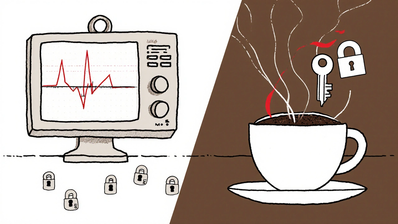 Heart monitor alarming as caffeine interferes with heart medication receptors.