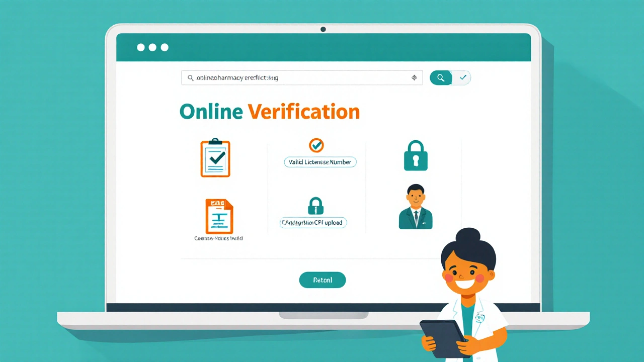 Illustration of a laptop screen with icons verifying an online pharmacy’s legitimacy.