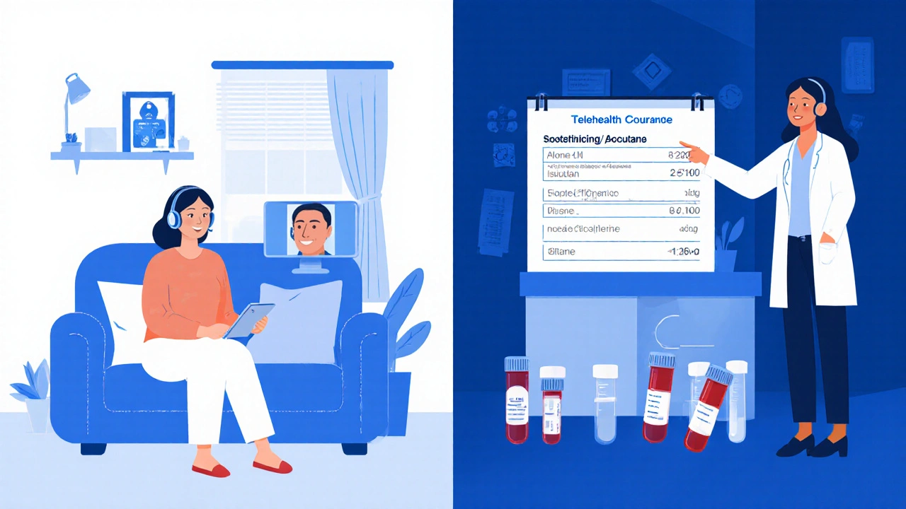 Illustration of a telehealth video call showing patient and dermatologist discussing isotretinoin.