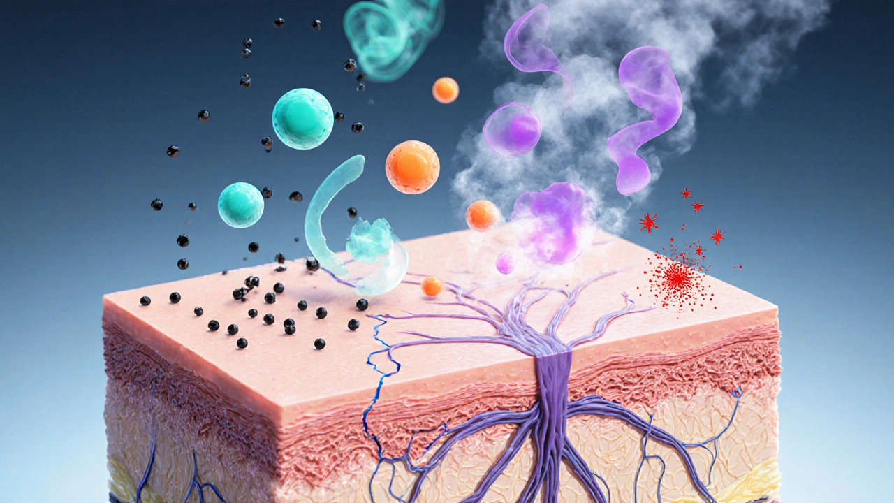 Illustration of skin layers being attacked by colored pollutant particles.