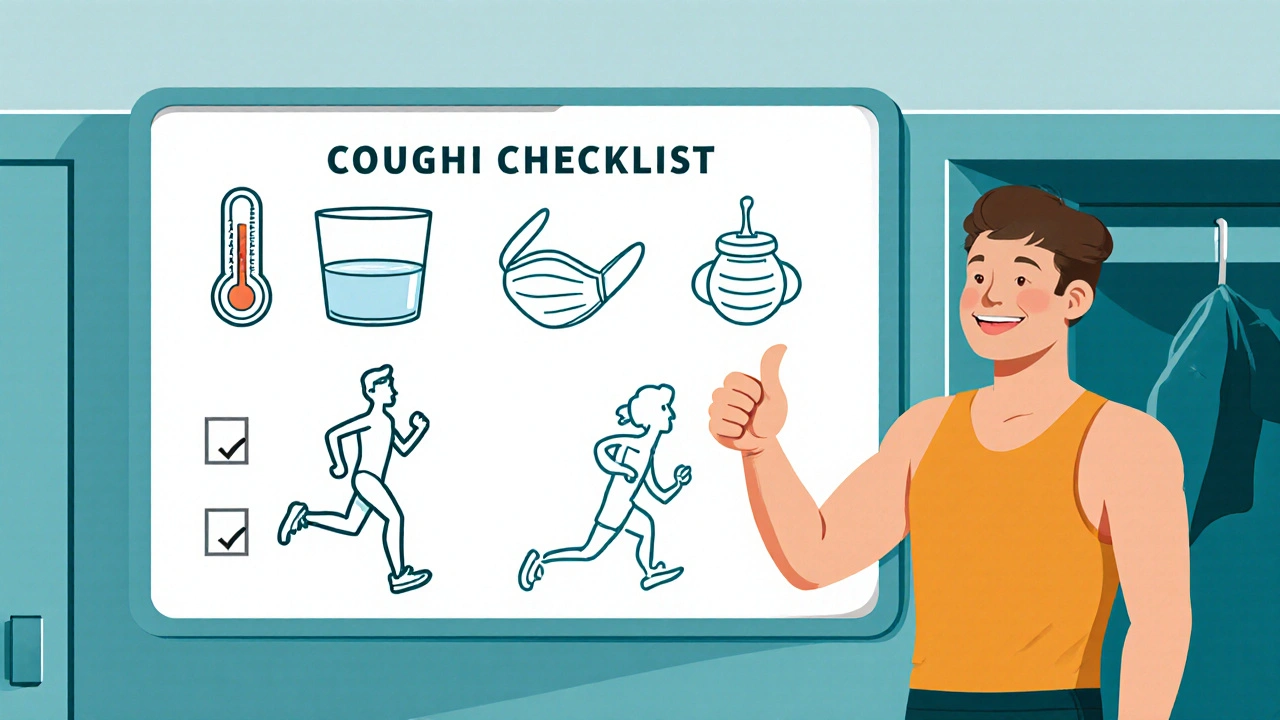 Locker room checklist board with icons for weather, hydration, nasal breathing, mask, honey, and cool‑down.