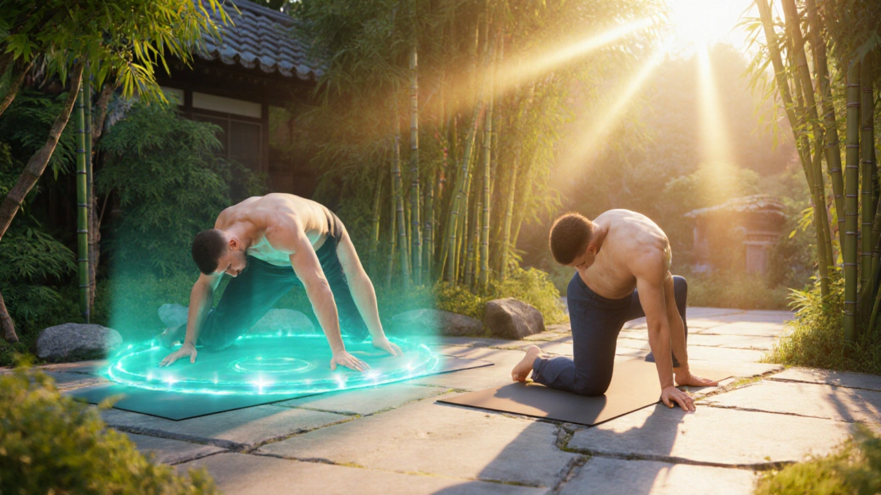 Man doing Bridge and Happy Baby poses, pelvic area illuminated in garden.