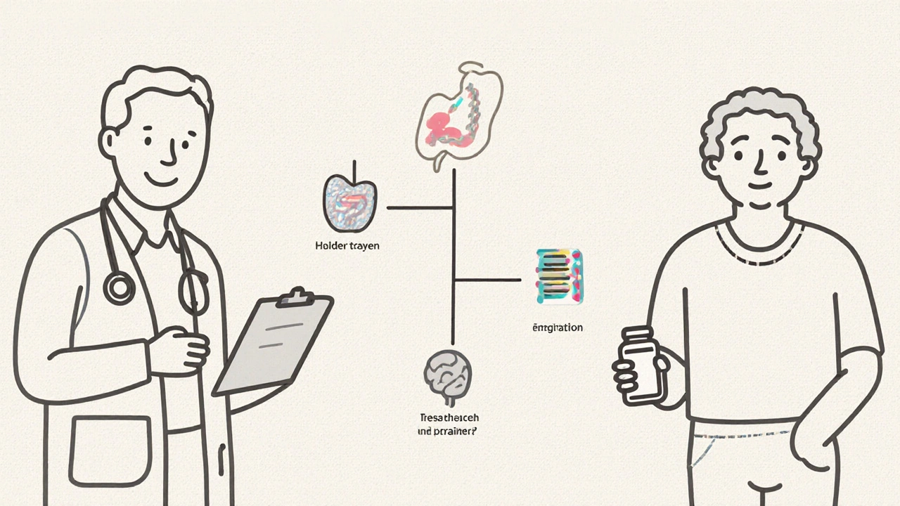 Monoline decision tree showing doctor, patient, and icons for GI issues, patch, and disease stage.