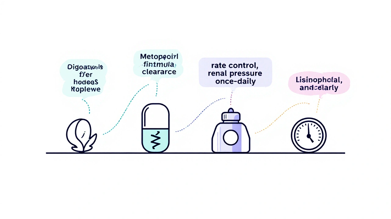 Monoline icons of Digoxin, Diltiazem, Metoprolol, and Lisinopril with annotation bubbles.