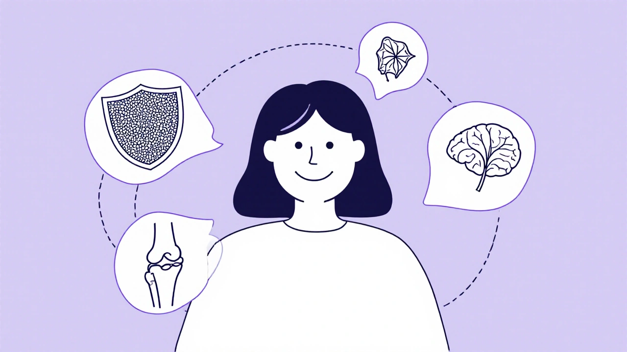 Monoline illustration of a person with icons for immunity, joint health, and stress relief.