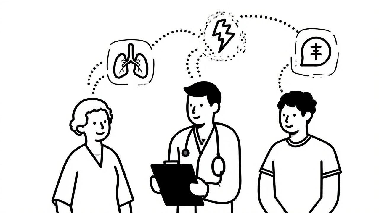 Monoline scene showing doctor with three patient silhouettes linked to different heart drugs.