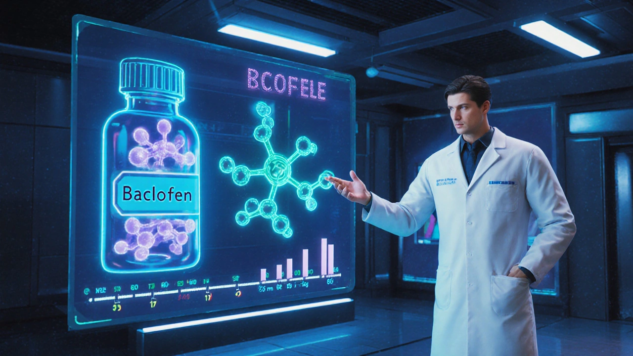 Neurologist office with holographic Baclofen molecule and dosage timeline.