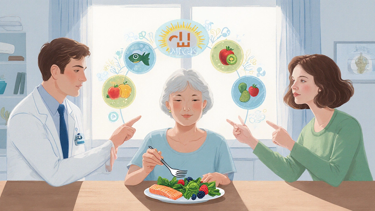 Pastel scene of a patient with doctor and dietitian, surrounded by floating food icons and immune cells.