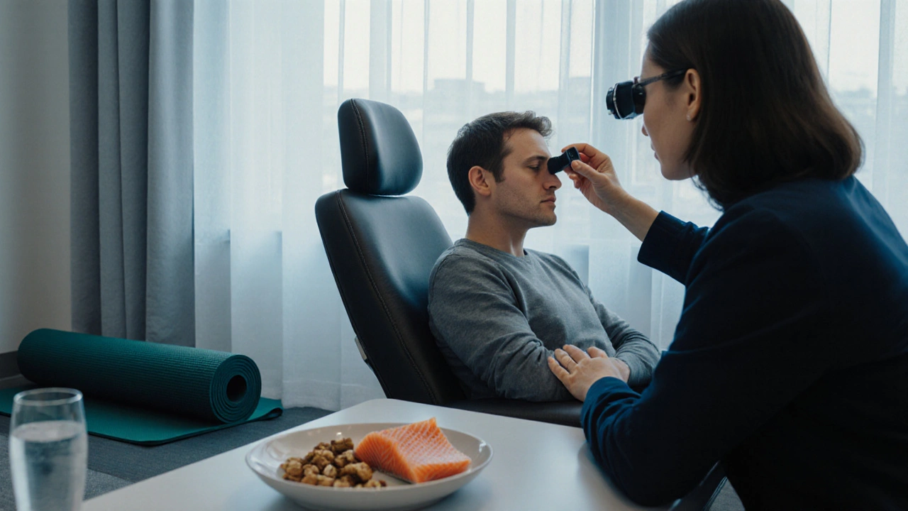 Patient having eye pressure check in a bright clinic with health foods nearby.