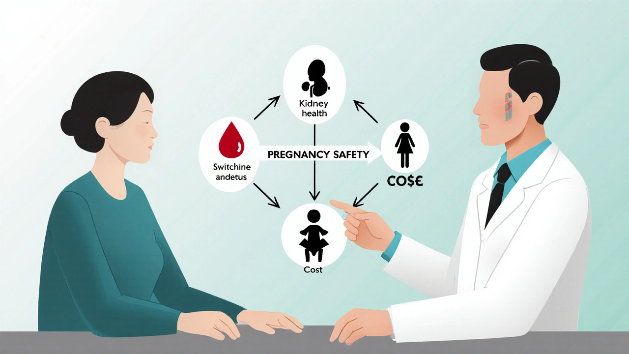 Patient with icons for anemia, kidney, pregnancy, and cost as doctor points to decision paths.