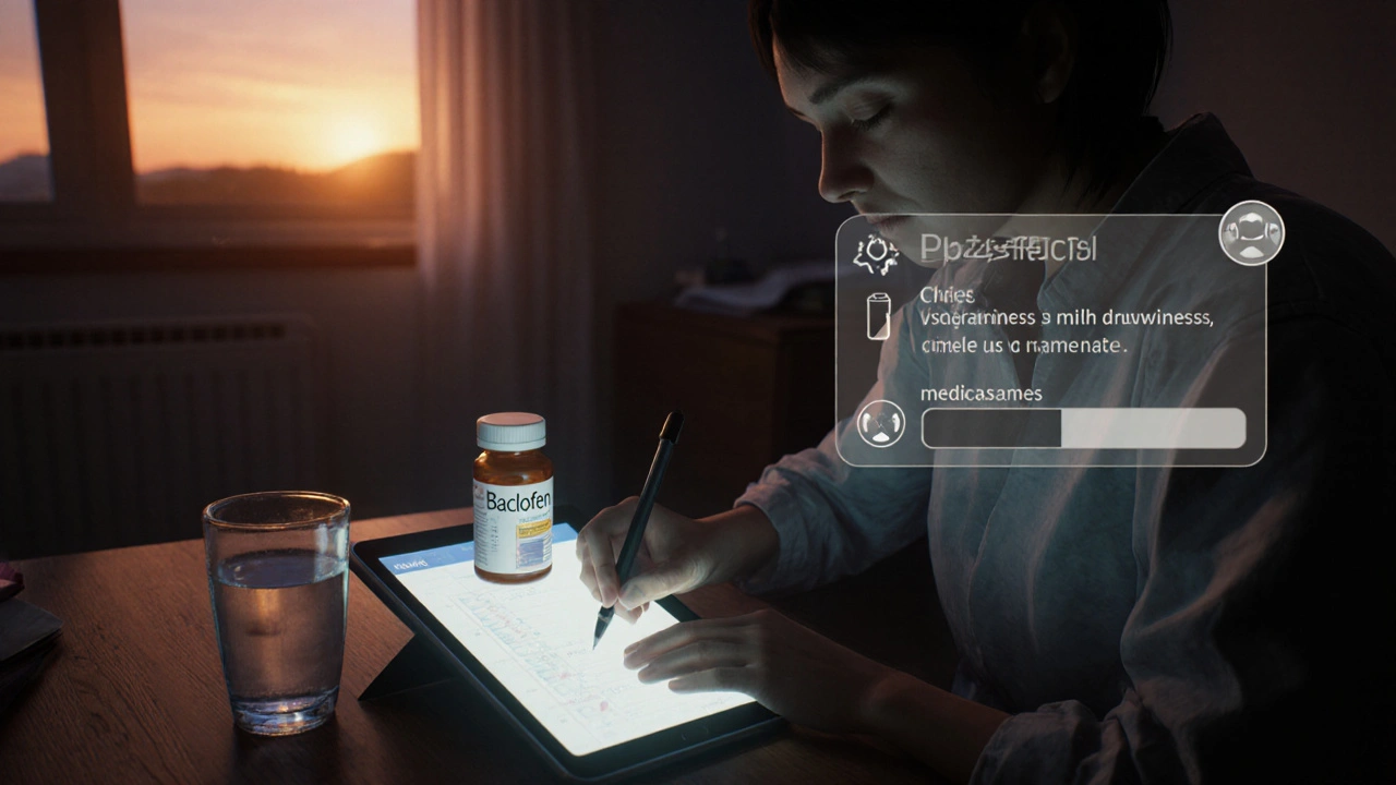 Patient writing in a pain diary at night with Baclofen bottle and side‑effect icons.