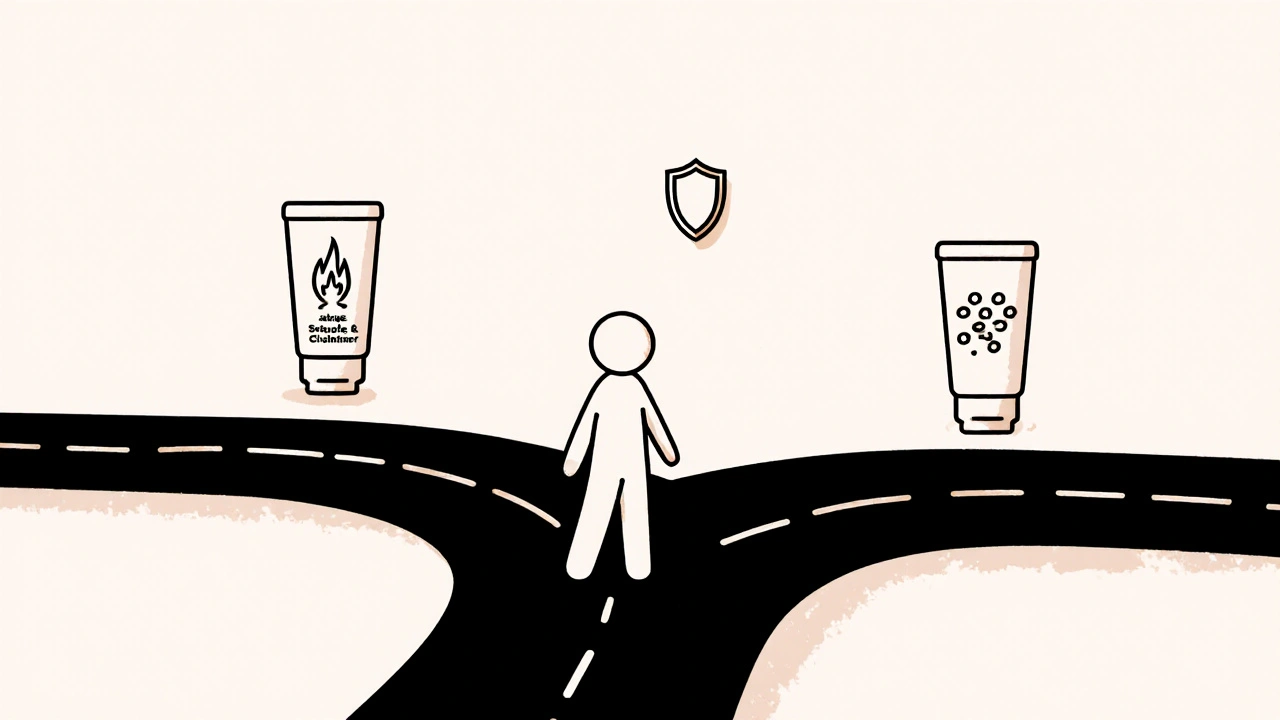Person at a fork choosing between steroid‑combined and steroid‑free creams.