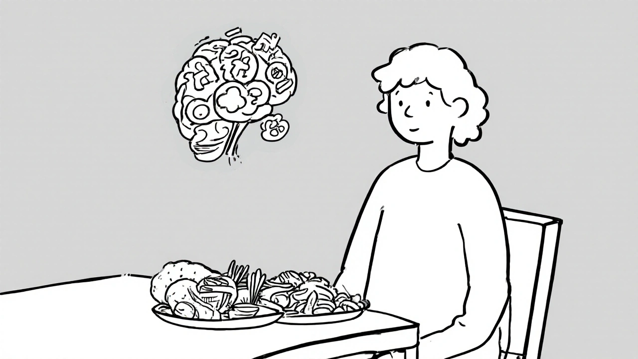Person at table with balanced food while brain receptors show cravings, drawn in clean monoline illustration.