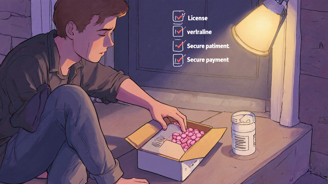 Person receiving a package with a generic Zoloft bottle, feeling relieved.
