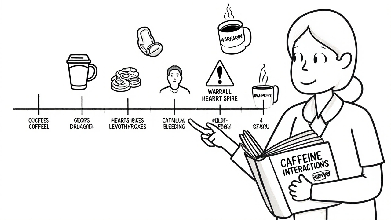 Pharmacist explaining caffeine risks to medications with warning icons floating nearby.