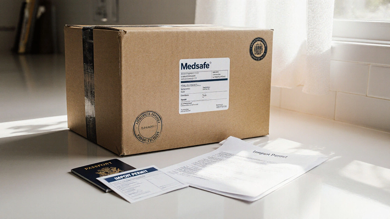 Sealed package with Medsafe badge, prescription, and import permit ready for shipment.
