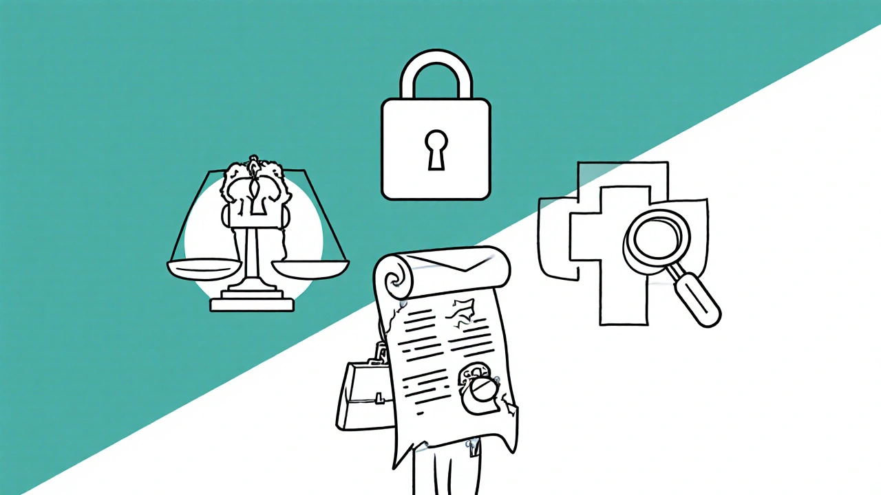 Three icons (justice scales, lock, medical cross) surround a person reviewing documents.