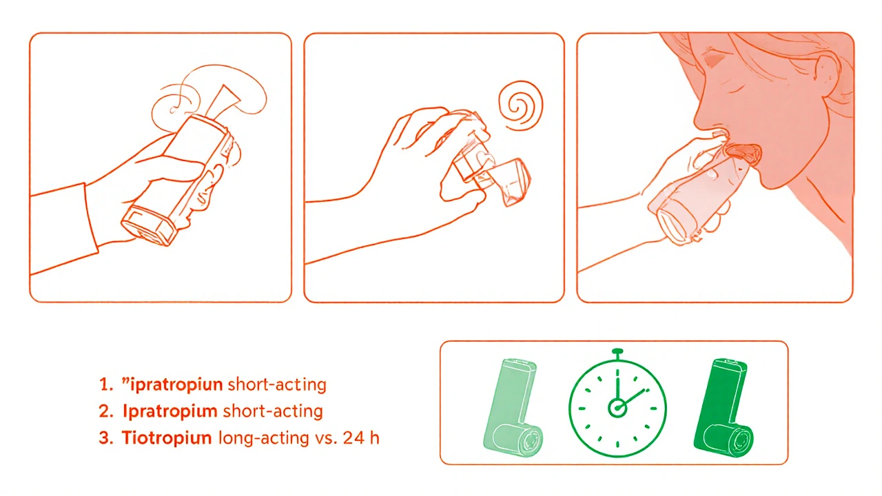 Three‑panel guide showing shaking inhaler, exhaling, inhaling and holding breath, plus ipratropium vs tiotropium icons.