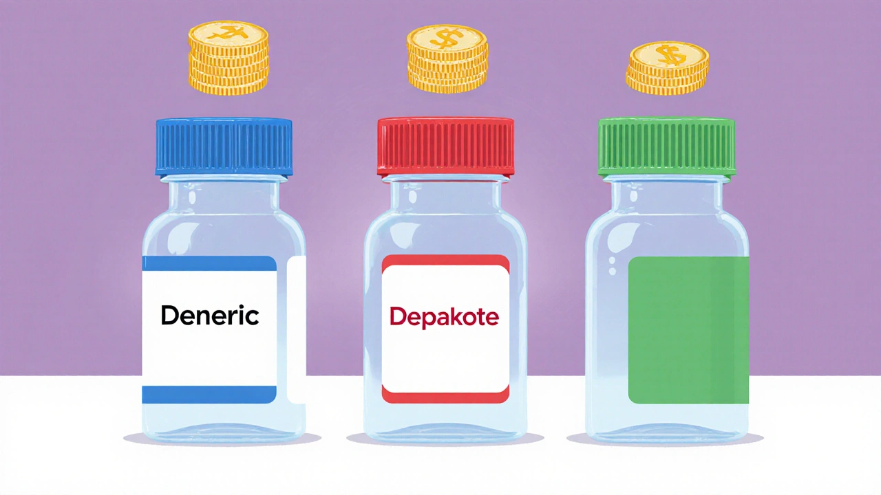 Three pill bottles (generic, brand, alternative) lined up with coin icons indicating price.