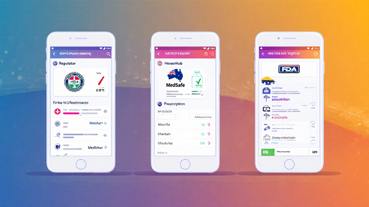 Three smartphone screens showing licensed pharmacy badges, prices, and shipping icons.