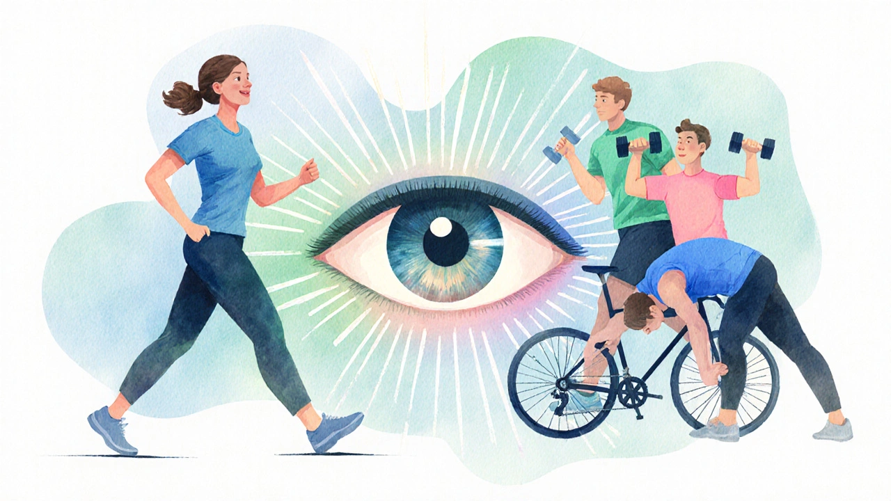 Watercolor collage of walking, cycling, weightlifting, and yoga around a glowing eye.