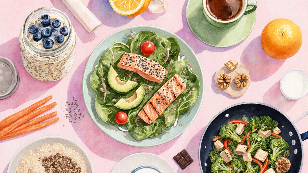 Watercolor layout of a day&#039;s CLL‑friendly meals, from oats and tea to salmon salad and tofu stir‑fry.