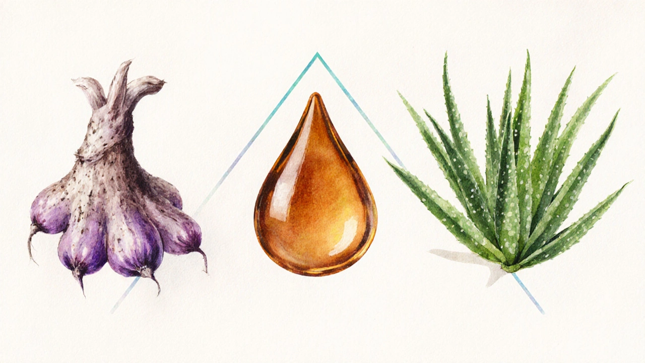Watercolor of mandrake rhizome, benzoin resin drop, and aloe leaf forming a triangle.