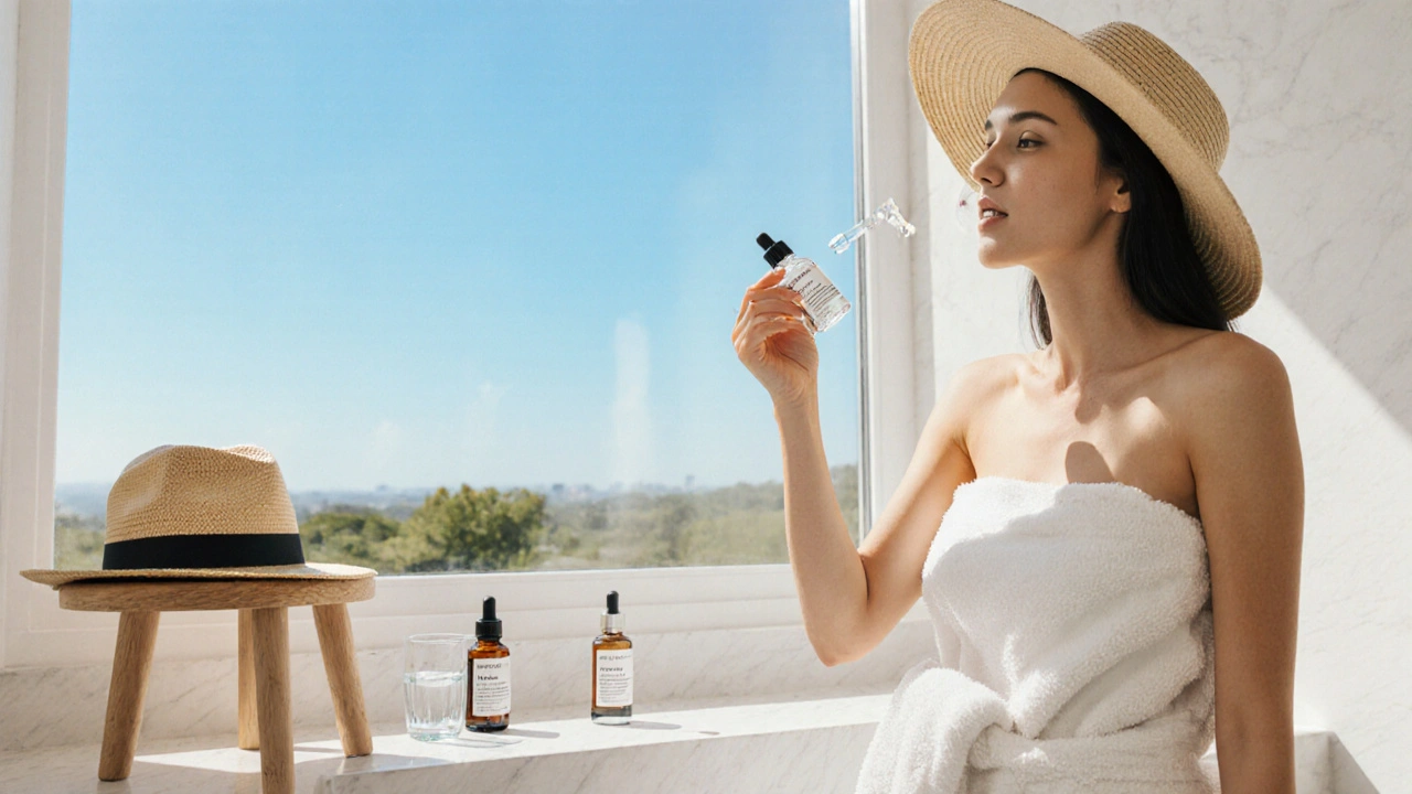 Woman applies antioxidant serum in bright bathroom with clear sky view.