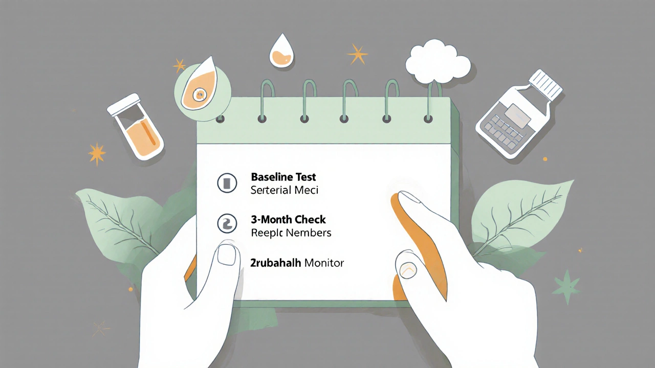 A calendar with key medical checkup dates and health symbols, illustrated in minimalist monoline style.