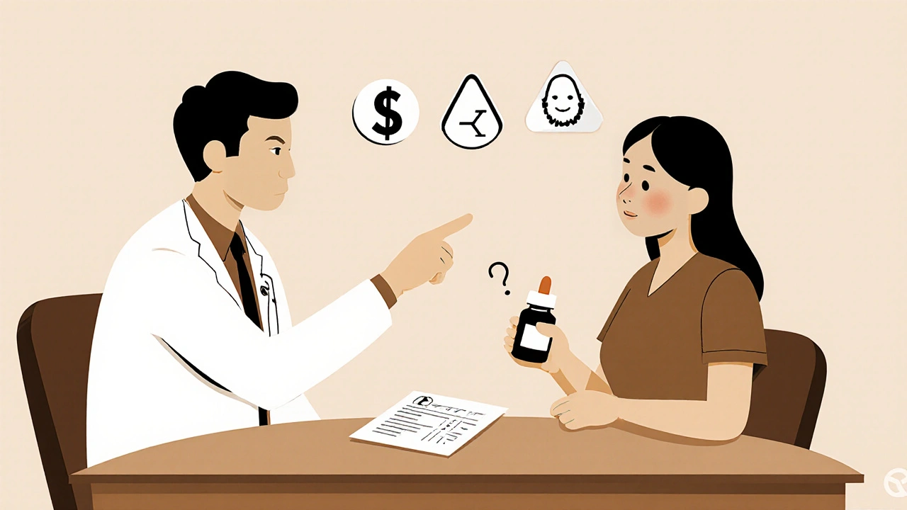 A doctor and patient discuss medication options at a clinic table.