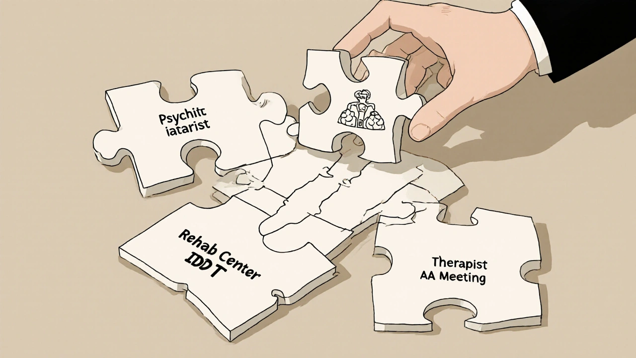 A fragmented puzzle being completed by one piece labeled IDDT, representing unified care.