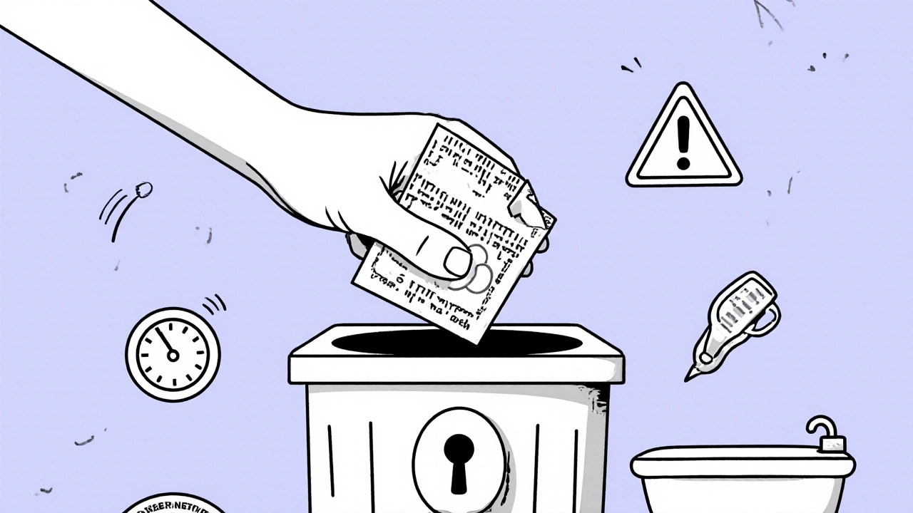 A hand folding a used fentanyl patch safely into a bin, with risk symbols around, drawn in clean monoline.