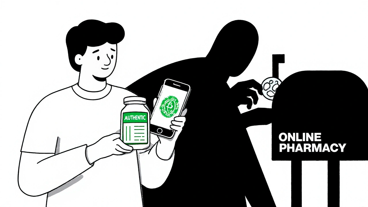 A patient verifies a pill&#039;s authenticity on a phone, while a counterfeit is hidden nearby.