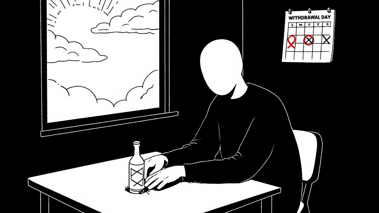 A person in a dim room at dawn trembling as they reach for a hidden bottle, with a calendar showing withdrawal days in the background.