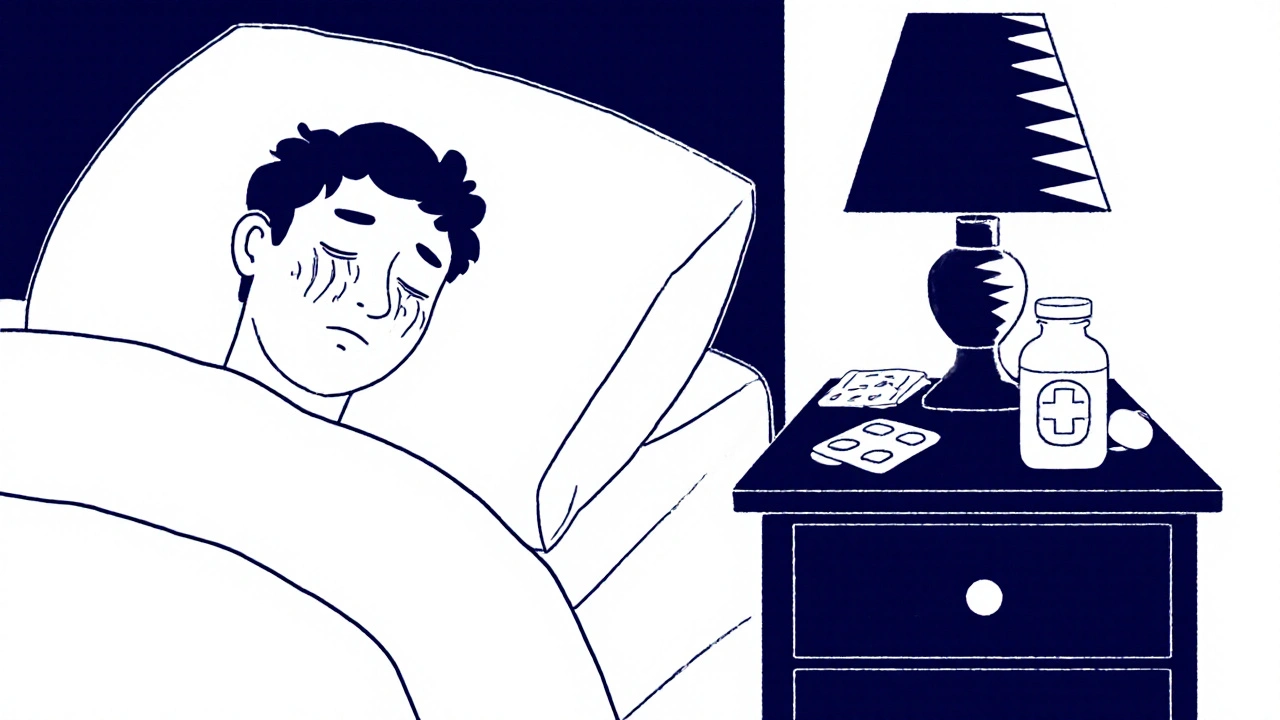 A person unresponsive in bed with a fentanyl patch and naloxone nearby, shown in minimalist monoline illustration.