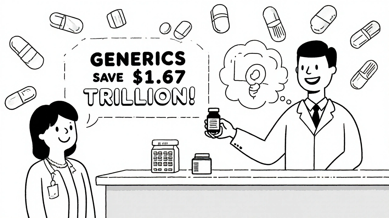 A pharmacist hands a generic pill bottle to a customer in a pharmacy.